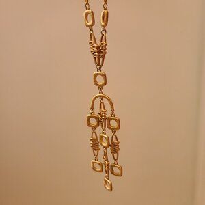 Vintage Crown Trifari Tassel Gold tone geometric 17" sautoir Y 1950s-60s